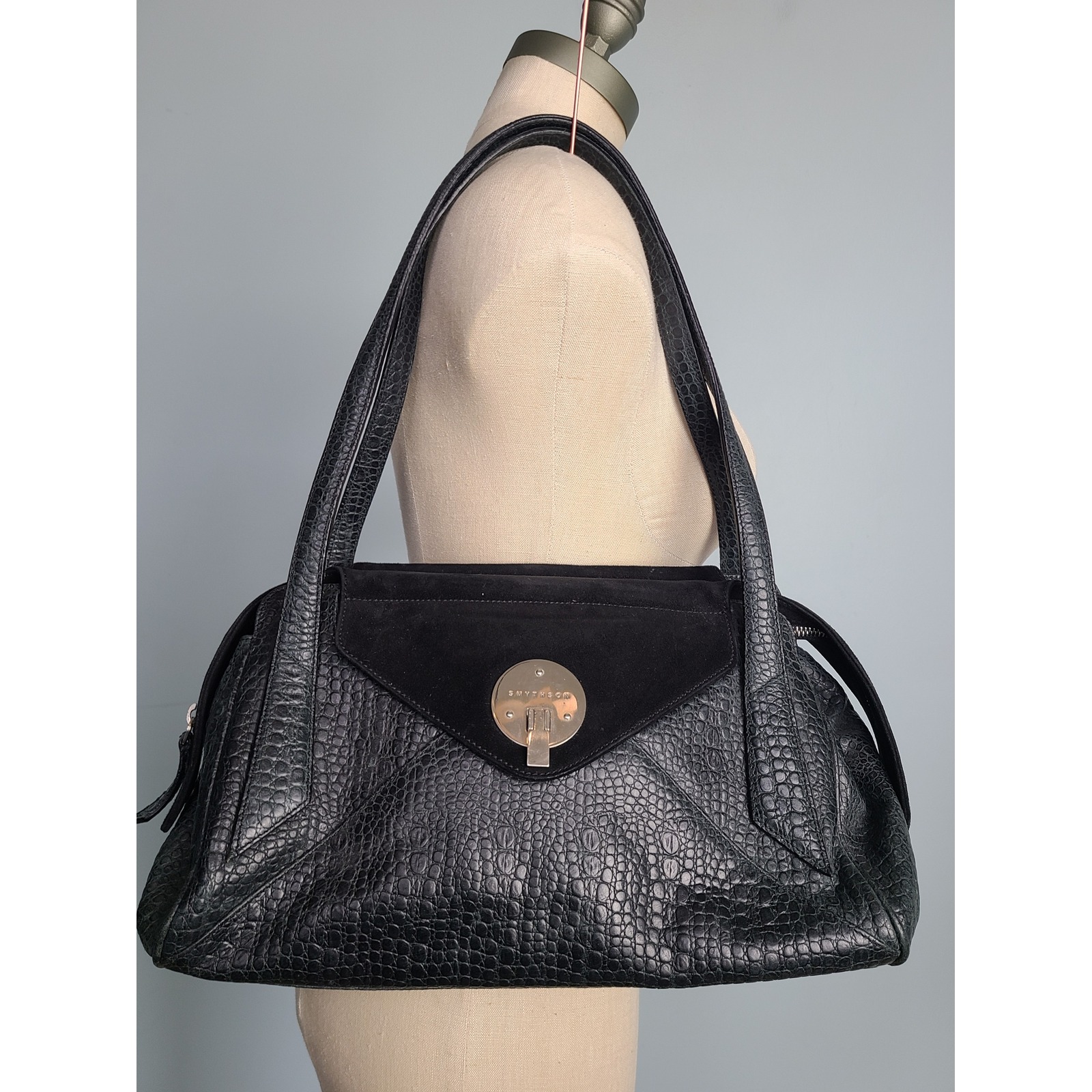 Smythson Of Bond Street Alligator Leather Purse Black Suede Vintage Luxury Euro